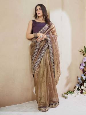 Copper brown net organza all over embellished pink saree with unstitched blouse 2