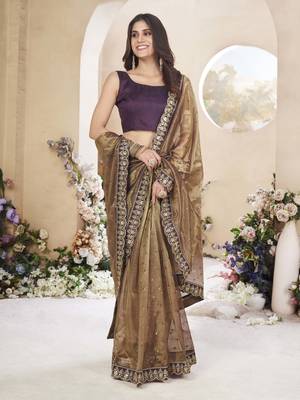 Copper brown net organza all over embellished pink saree with unstitched blouse 3