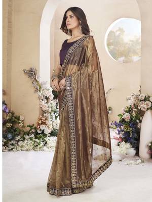 Copper brown net organza all over embellished pink saree with unstitched blouse 4