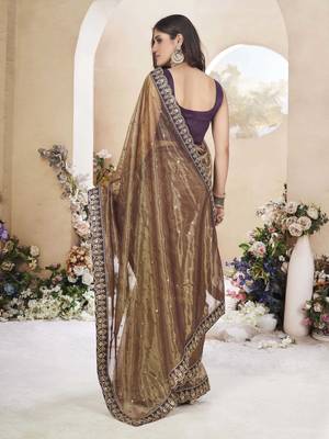 Copper brown net organza all over embellished pink saree with unstitched blouse 5