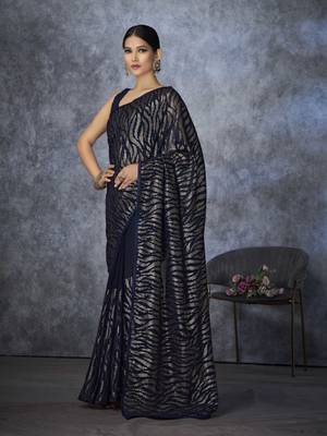 Navy blue georgette solid embellished & sequined saree with unstitched blouse 2