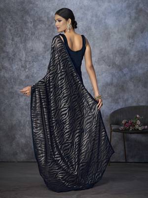 Navy blue georgette solid embellished & sequined saree with unstitched blouse 5