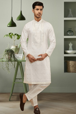 Cream art silk mirror embroidery kurta pant for men's 1