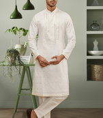 Cream art silk mirror embroidery kurta pant for men's