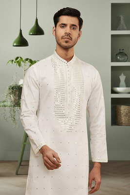 Cream art silk mirror embroidery kurta pant for men's 2