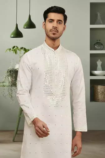 Cream art silk mirror embroidery kurta pant for men's