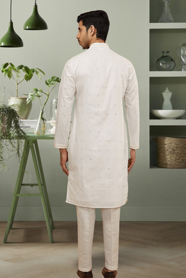 Cream art silk mirror embroidery kurta pant for men's 3