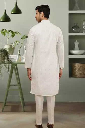 Cream art silk mirror embroidery kurta pant for men's