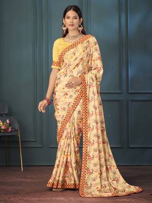 Canary yellow chinon silk floral printed saree with unstitched blouse 1