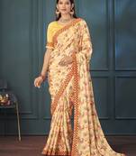 Canary yellow chinon silk floral printed saree with unstitched blouse