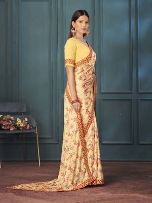 Canary yellow chinon silk floral printed saree with unstitched blouse 2