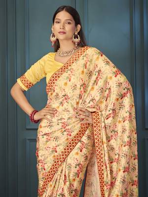 Canary yellow chinon silk floral printed saree with unstitched blouse 3