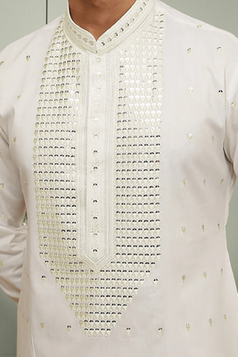 Cream art silk mirror embroidery kurta pant for men's 4