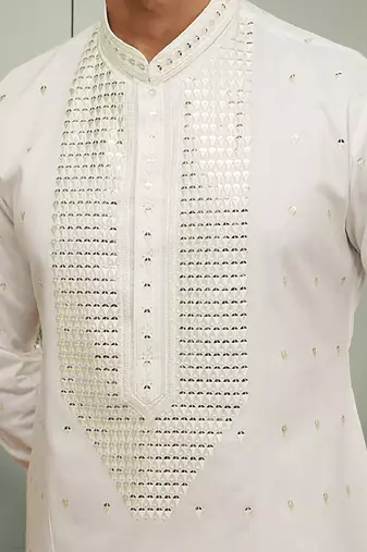 Cream art silk mirror embroidery kurta pant for men's