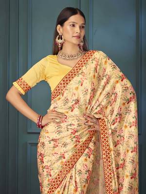 Canary yellow chinon silk floral printed saree with unstitched blouse 4