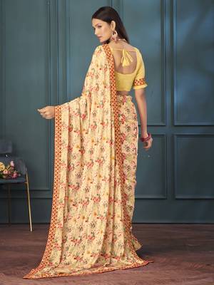 Canary yellow chinon silk floral printed saree with unstitched blouse 5