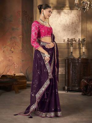Wine purple saree in georgette with embroidered  border and floral buttis along with unstitched blouse 4
