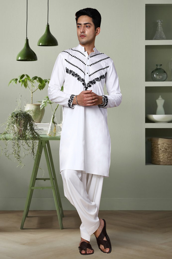 Off white ps fabric beautiful aari work indian kurta pyjama for men's