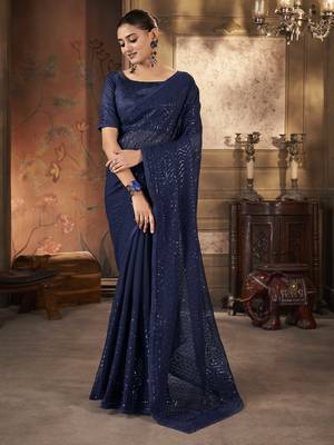 Beautiful navy blue georgette saree with unstitched blouse 1