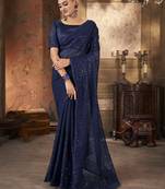 Beautiful navy blue georgette saree with unstitched blouse