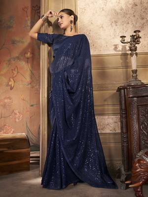 Beautiful navy blue georgette saree with unstitched blouse 2