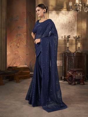 Beautiful navy blue georgette saree with unstitched blouse 3