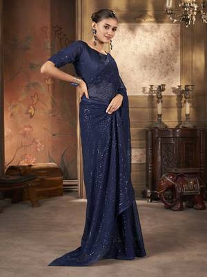 Beautiful navy blue georgette saree with unstitched blouse 4