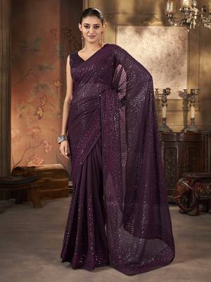 Beautiful wine georgette saree with unstitched blouse 1