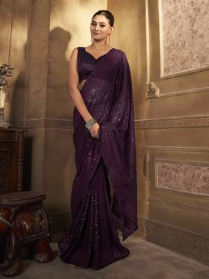 Beautiful wine georgette saree with unstitched blouse 3