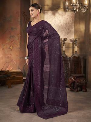 Beautiful wine georgette saree with unstitched blouse 4