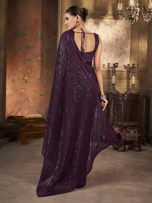 Beautiful wine georgette saree with unstitched blouse 5
