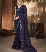 Navy blue georgette solid embellished & sequined saree with unstitched blouse