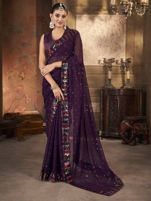 Wine georgette solid embellished & sequined saree with unstitched blouse 1