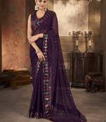 Wine georgette solid embellished & sequined saree with unstitched blouse