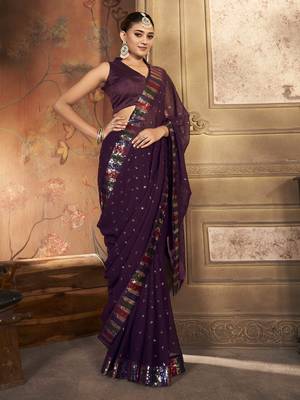 Wine georgette solid embellished & sequined saree with unstitched blouse 2