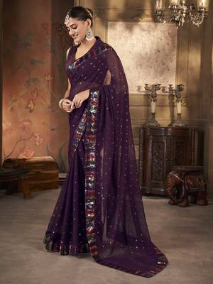 Wine georgette solid embellished & sequined saree with unstitched blouse 3