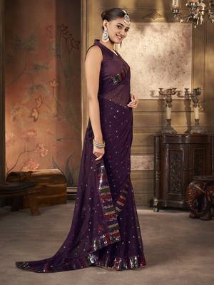 Wine georgette solid embellished & sequined saree with unstitched blouse 4
