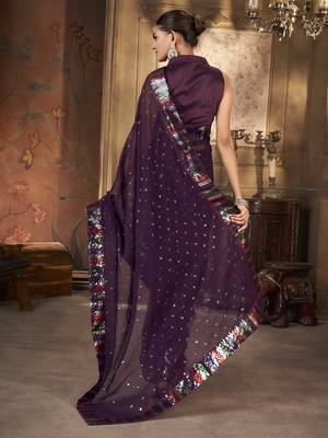 Wine georgette solid embellished & sequined saree with unstitched blouse 5