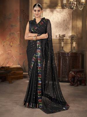 Black georgette solid embellished & sequined saree with unstitched blouse 1