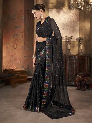 Black georgette solid embellished & sequined saree with unstitched blouse 2