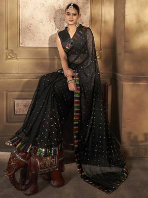 Black georgette solid embellished & sequined saree with unstitched blouse 3