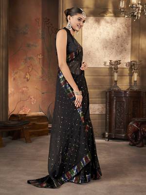 Black georgette solid embellished & sequined saree with unstitched blouse 4