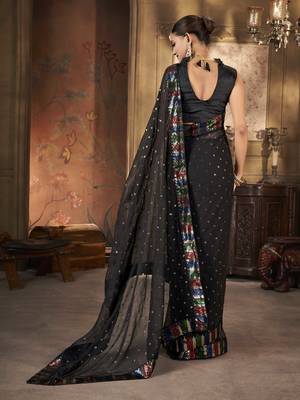 Black georgette solid embellished & sequined saree with unstitched blouse 5