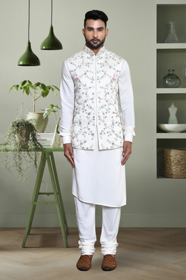 Off white art silk kurta jacket set for men's beautiful embroidery 1