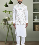Off white art silk kurta jacket set for men's beautiful embroidery