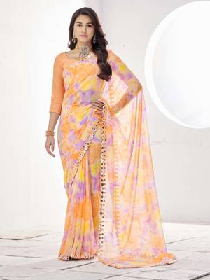 Orange water colour print diamonte georgette saree with unstitched blouse 1