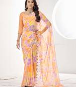 Orange water colour print diamonte georgette saree with unstitched blouse