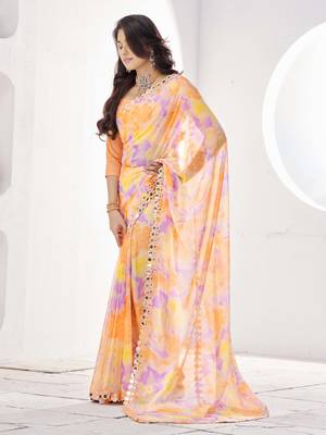 Orange water colour print diamonte georgette saree with unstitched blouse 2