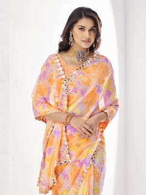 Orange water colour print diamonte georgette saree with unstitched blouse 3