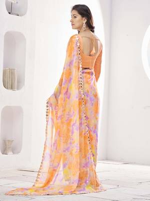 Orange water colour print diamonte georgette saree with unstitched blouse 5
